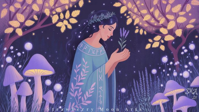 woman holding a lavender flower in an enchanted forext