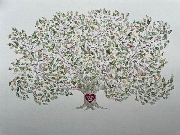 original hand written calligraphy family tree by calligrapher Kate Downey Art