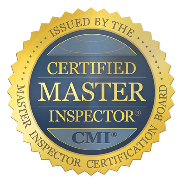 Gold and blue Certified Master Inspector seal with official certification text.