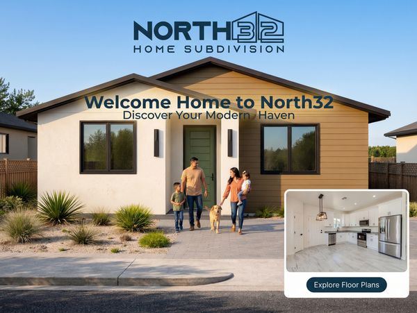 Family walking out of a modern home in North32 subdivision, promoting a welcoming lifestyle.