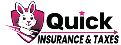 Logo of Quick Insurance &amp; Taxes featuring a white bunny with a wand and pink accents.