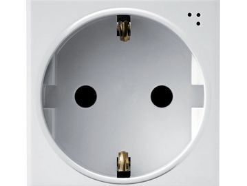 Close-up of a white European power socket with two holes and grounding clips.
