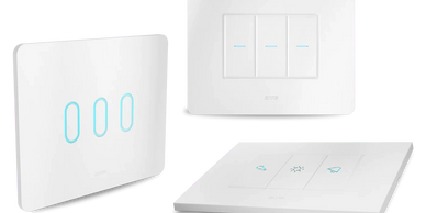 Three modern white smart light switches with touch controls and blue indicator lights.