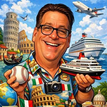 A cheerful man surrounded by travel and leisure icons, including landmarks, ships, and a baseball.