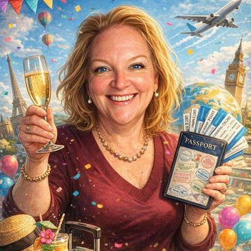 Happy woman holding champagne and passport, ready for travel adventure.