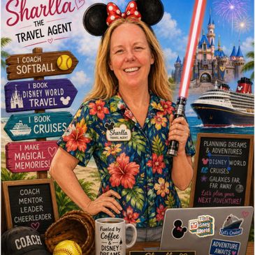 A smiling travel agent with Minnie Mouse ears and a lightsaber, promoting Disney World and cruises.