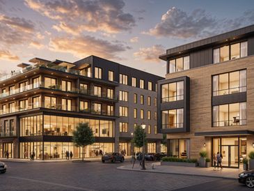 Modern mixed-use buildings at sunset with large glass windows and people outside.