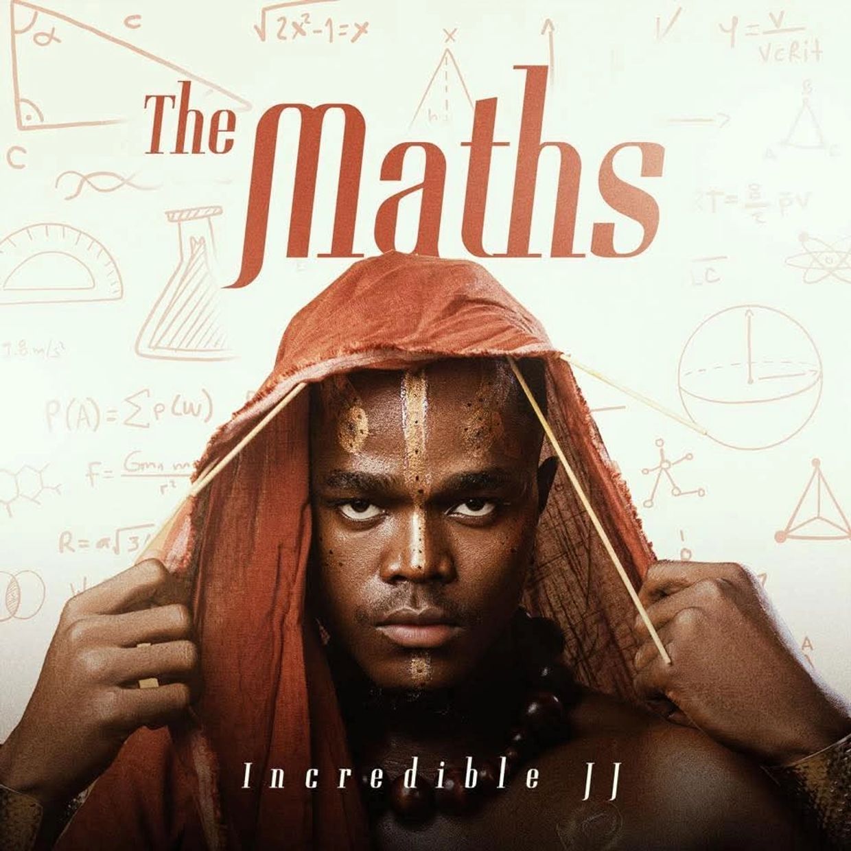 Portrait of a man with tribal face paint and hood with math symbols.