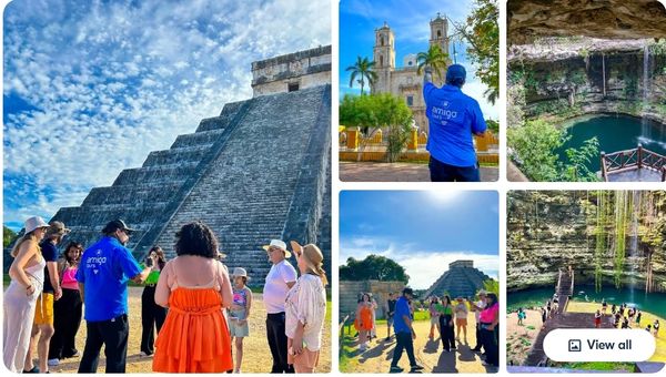 Tour group exploring ancient Mayan ruins and cenotes under a bright sky.