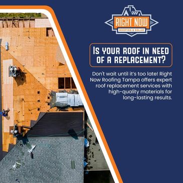 Aerial view of roof replacement with contact info for Right Now Roofing & Solar.