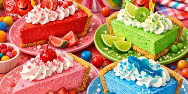 Colorful slices of fruity pies with whipped cream and decorations.