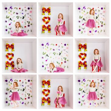 Little girl posing in a floral-themed photo collage.