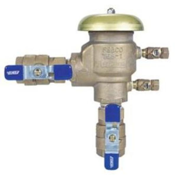 Brass pressure relief valve with blue-handled shut-off valves and a brass bell.