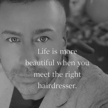 Black and white portrait with a quote about hairdressers.