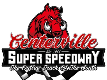 Logo for Centerville Super Speedway featuring a red wild boar mascot and checkered flags.