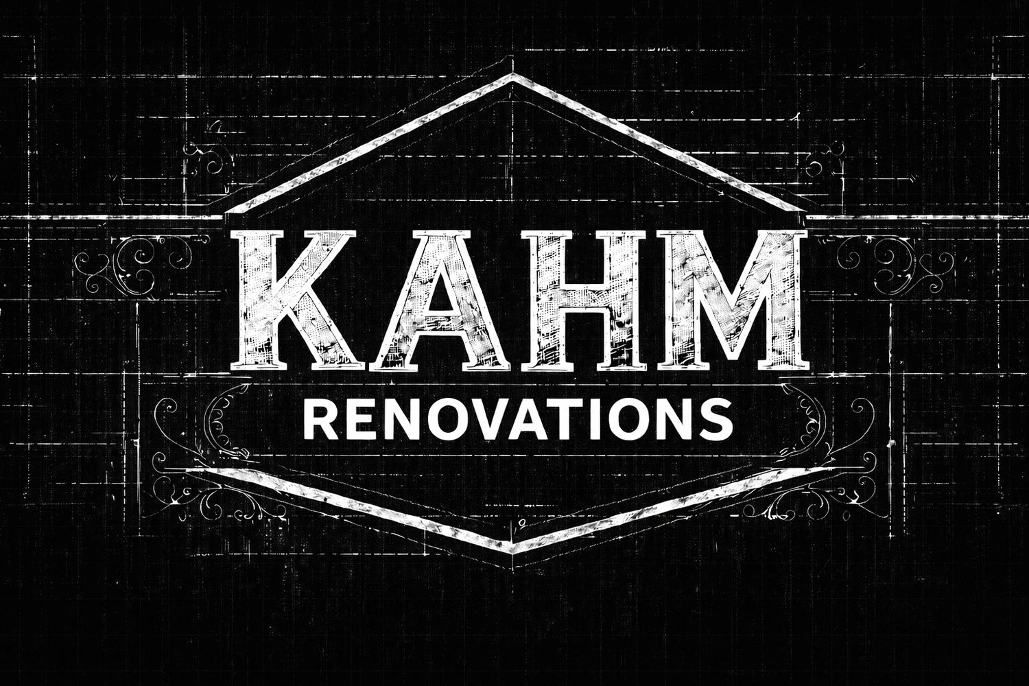 Logo for KAHM Renovations with a vintage blueprint design.