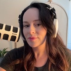 woman with podcast gear