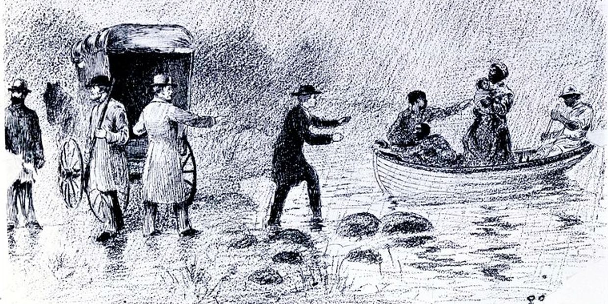 19th-century sketch of people helping others from a boat to shore.
