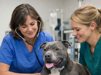 Two veterinarians examining a happy dog in a clinic.