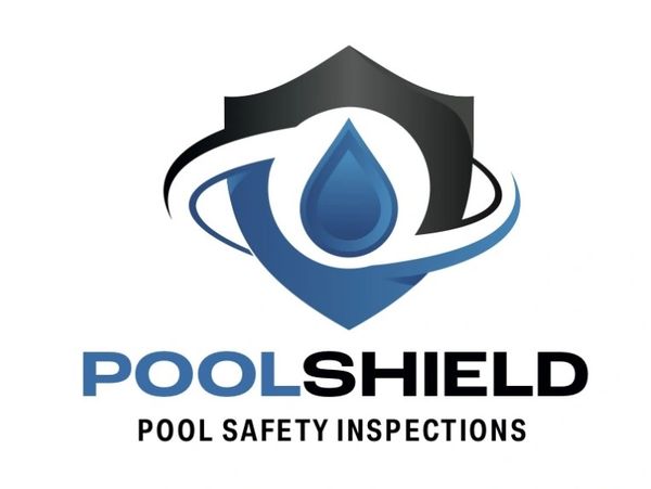 Logo for PoolShield Pool Safety Inspections featuring a water drop and shield design.