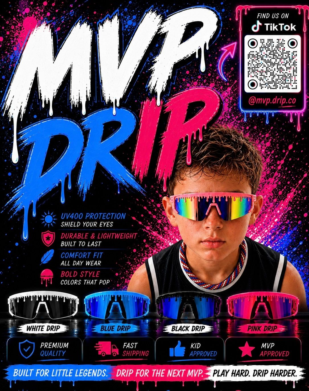 Youth sports sunglasses with bold, colorful drip designs and UV protection.