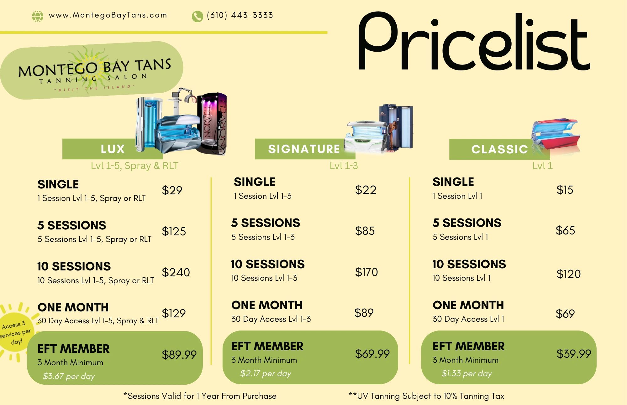 Montego Bay Tans pricelist for Lux, Signature, and Classic tanning sessions with various packages and EFT memberships.