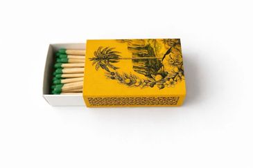 A partially opened box of matches with green tips and yellow illustrated cover.