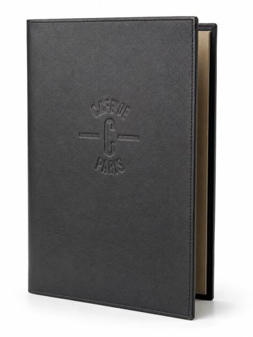 Elegant black leather menu cover embossed with 'Caffé de Paris' logo.