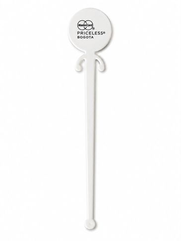White plastic stirrer with Mastercard logo and 'Priceless Bogota' text.