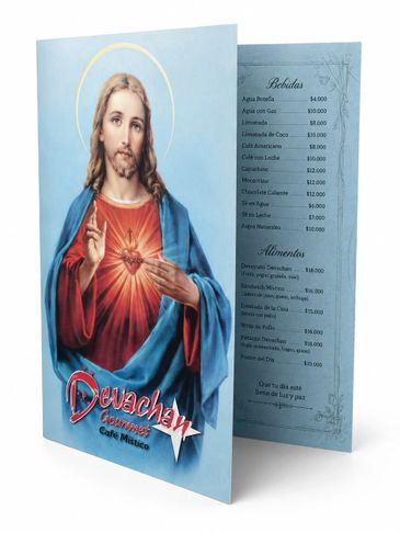 Menu card with Jesus image and food and drink list titled Devachan Gourmet Café Mixto.
