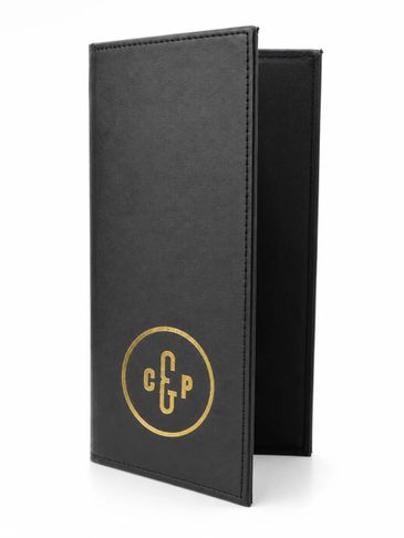 Black leather check presenter with gold embossed CFP logo.