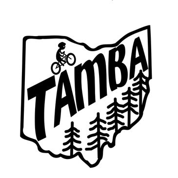 The Toledo Area Mountain Bike Association Logo, Shape of Ohio with TAMBA letters, cyclist and trees