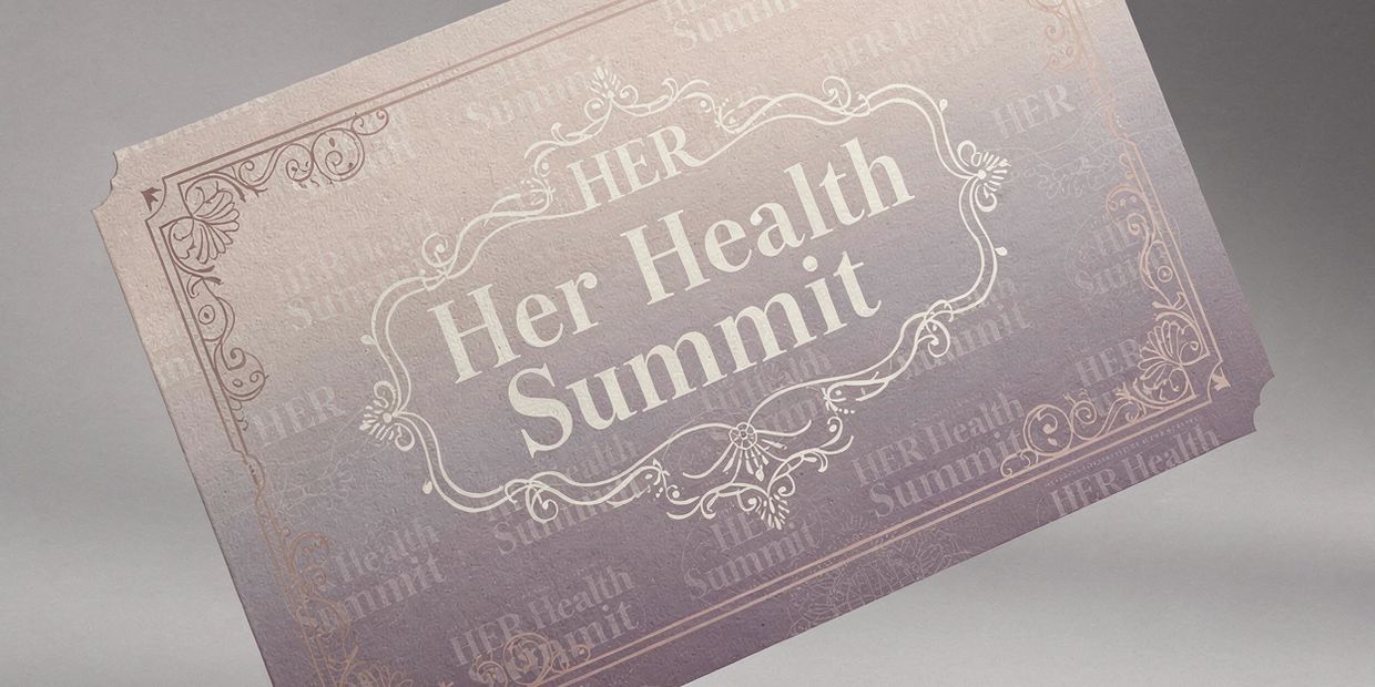Elegant ticket for Her Health Summit with ornate border design.