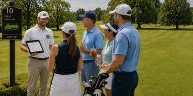 Golf instructor explaining rules to a group on the course.