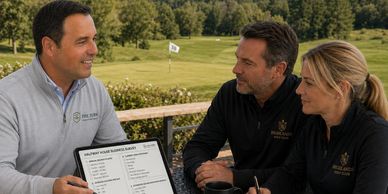 Three people discussing a business plan outdoors at a golf course.