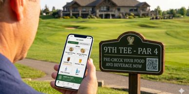 Golfer uses a mobile app at the 9th tee on a golf course.