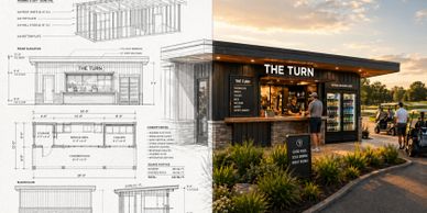A modern kiosk design paired with its real-life implementation at sunset.