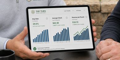 Tablet displaying business metrics with charts and statistics.