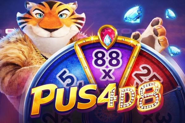 Animated tiger character with a colorful spinning wheel and the text 'PUS4D8'.