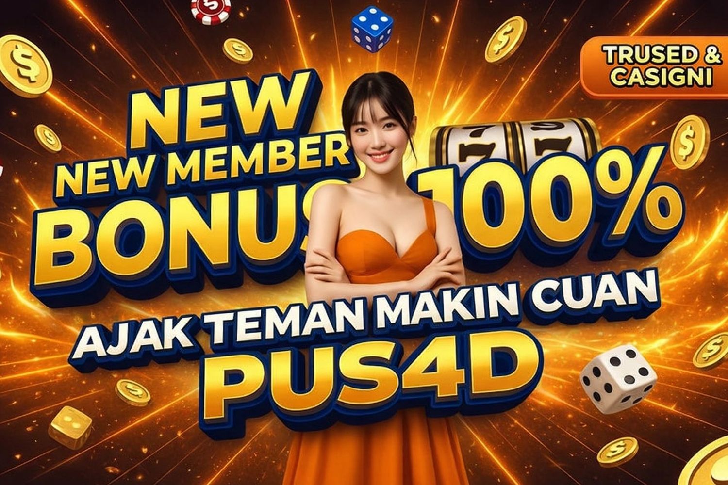Bright casino promo with smiling woman and 100% new member bonus offer.