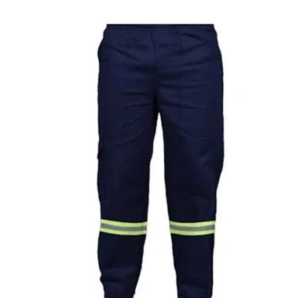 Calça de trabalho azul escuro com faixas refletivas.