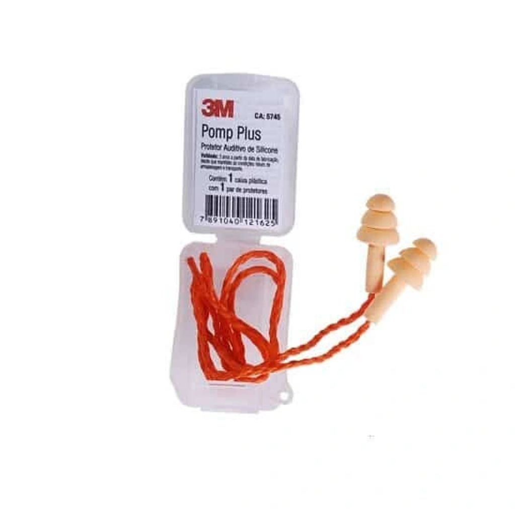 Protetores auditivos de silicone 3M com cordão laranja.