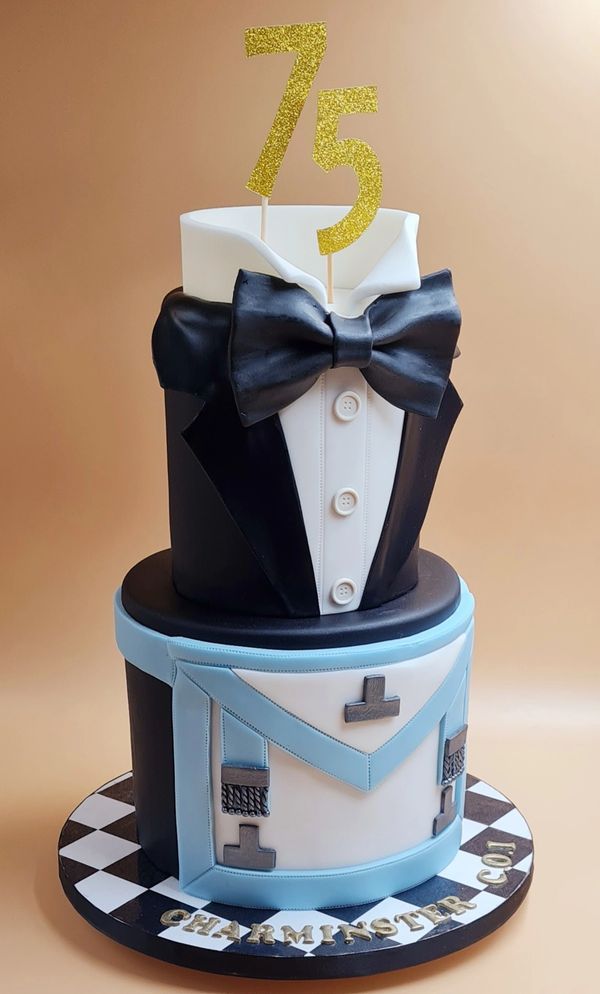 tux 2 tier cake masonic apron freemasonary shirt cake bow tie