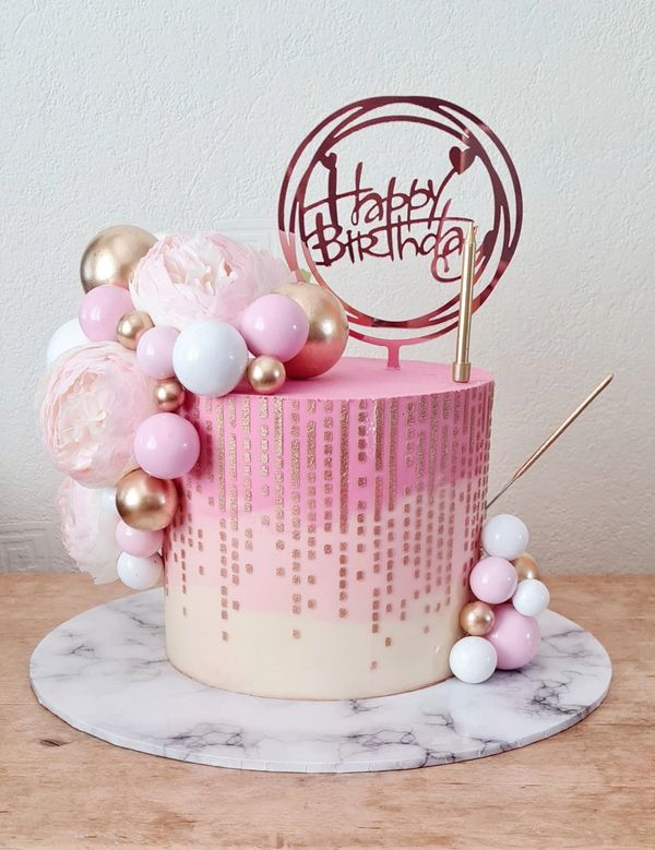 pink ombre cake peonies balls gold pink white stencil