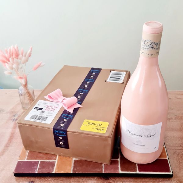 whispering angel rose bottle cake with amazon parcel box