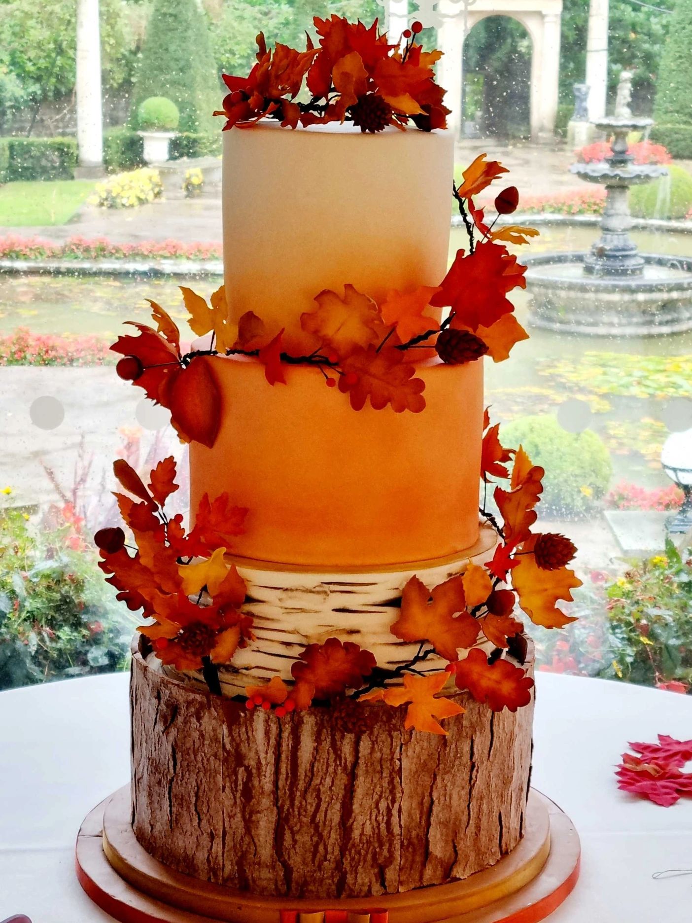 4 tier autumnal bark and beech ombre cake