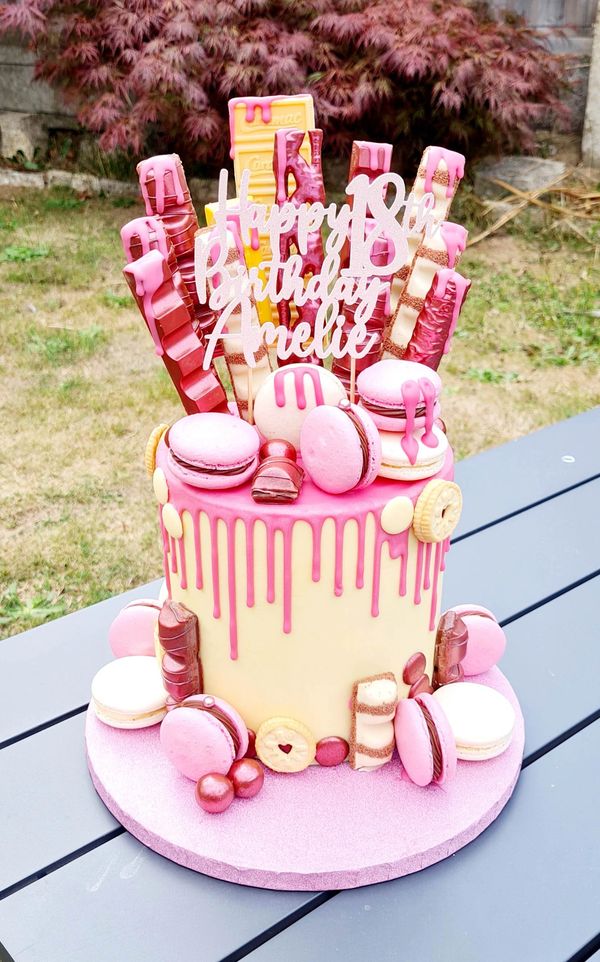 pink drip with chocolate xplosion and macarons