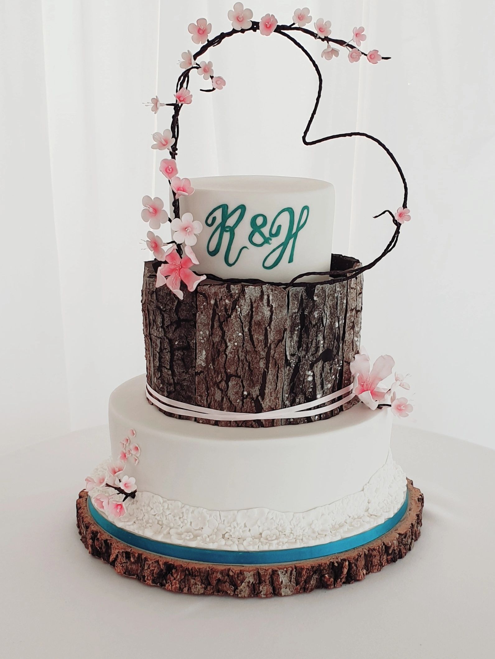 3 tier cherry blossom and bark cake