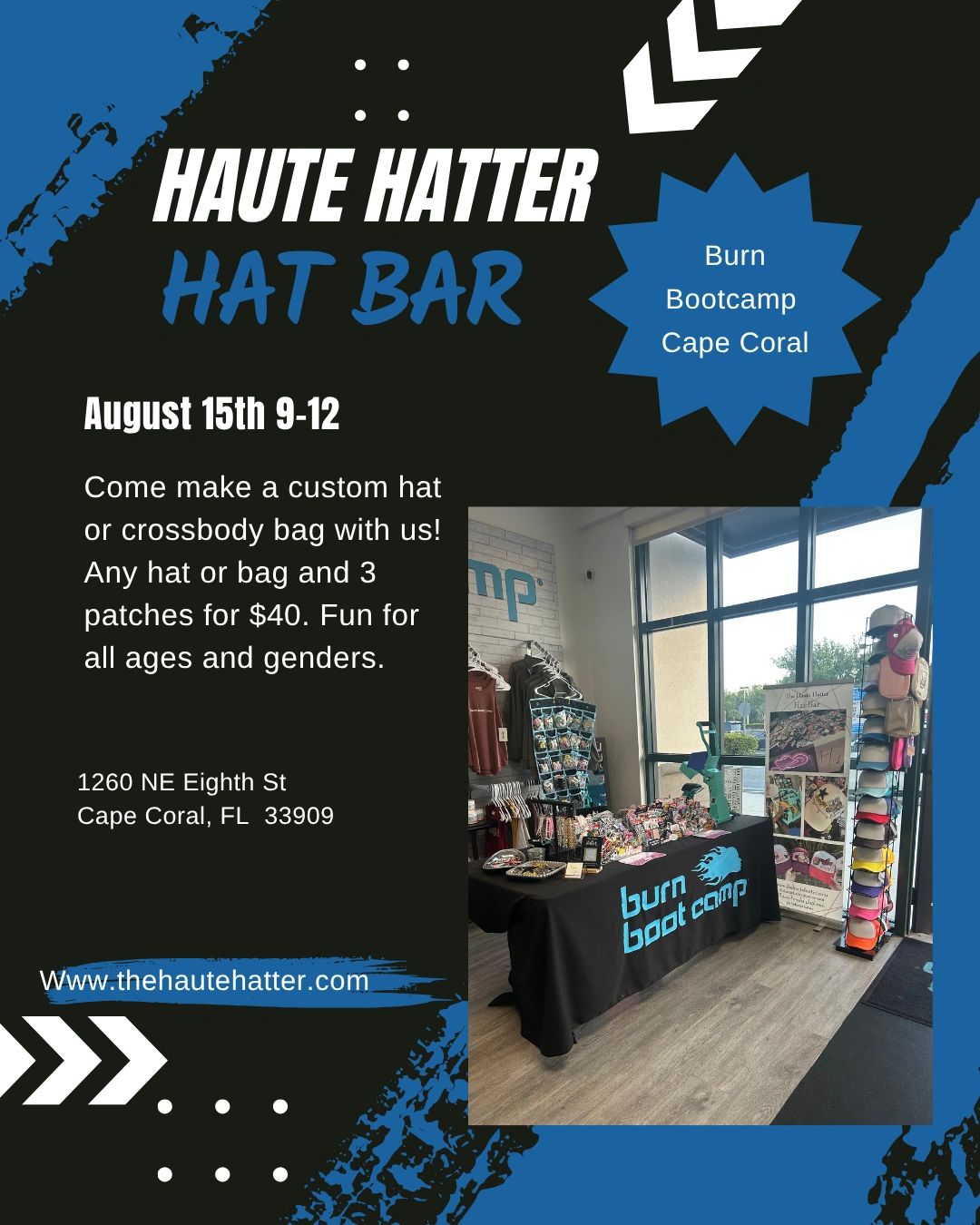 Event flyer for custom hat and bag making at Haute Hatter Hat Bar.