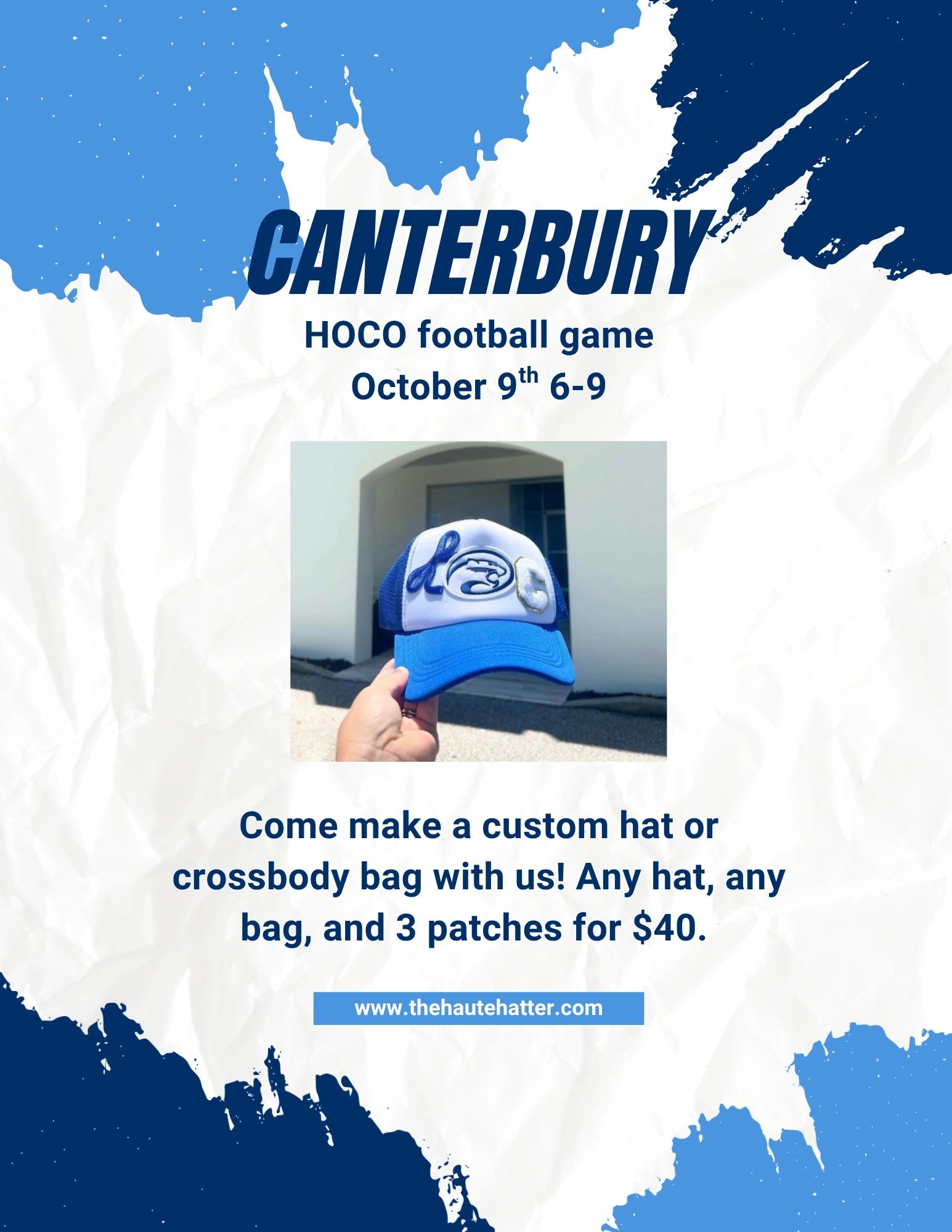 Canterbury HOCO football game event for custom hat or bag making.